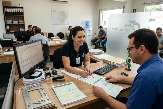 Profissional ajudando no licenciamento de veículo em despachante Ituiutaba.